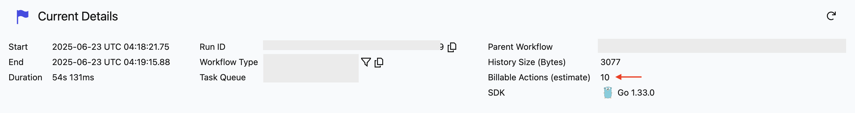 Temporal Cloud Usage dashboard showing aggregated Billable Actions
